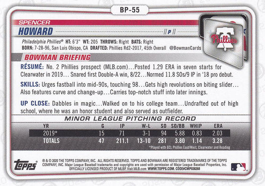 2020 Bowman Prospects Spencer Howard BP-55 Philadelphia Phillies