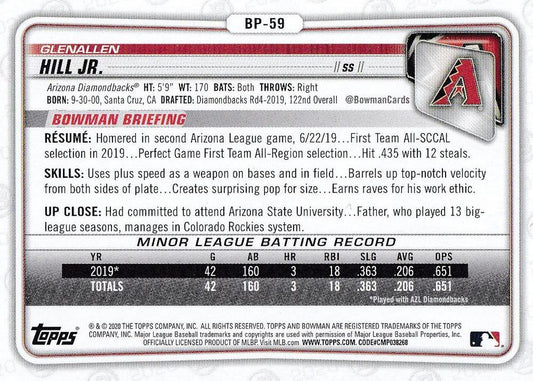 2020 Bowman Prospects Glenallen Hill Jr. BP-59 Arizona Diamondbacks