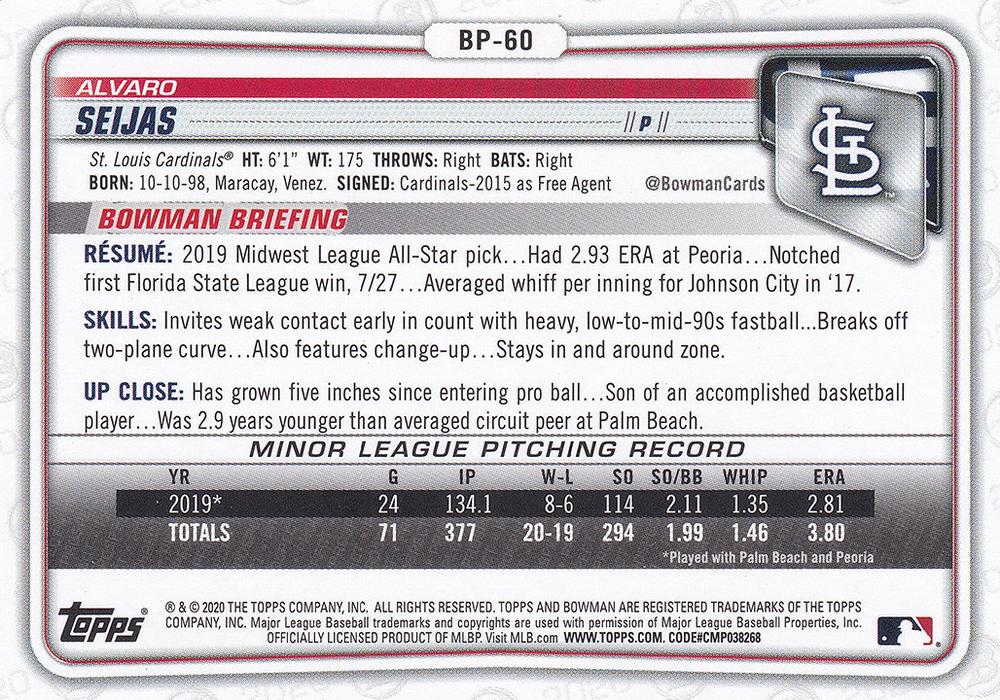 2020 Bowman Prospects Alvaro Seijas BP-60 St. Louis Cardinals