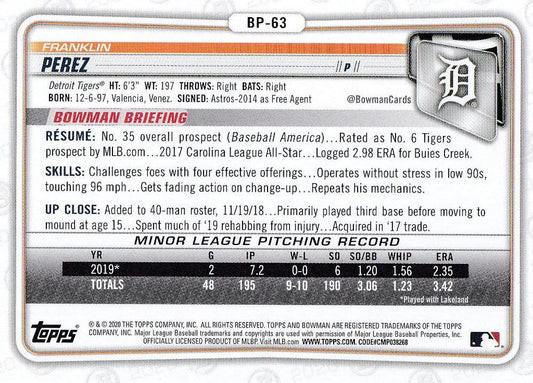 2020 Bowman Prospects Franklin Perez BP-63 Detroit Tigers