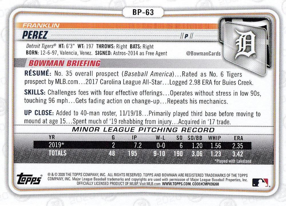 2020 Bowman Prospects Franklin Perez BP-63 Detroit Tigers