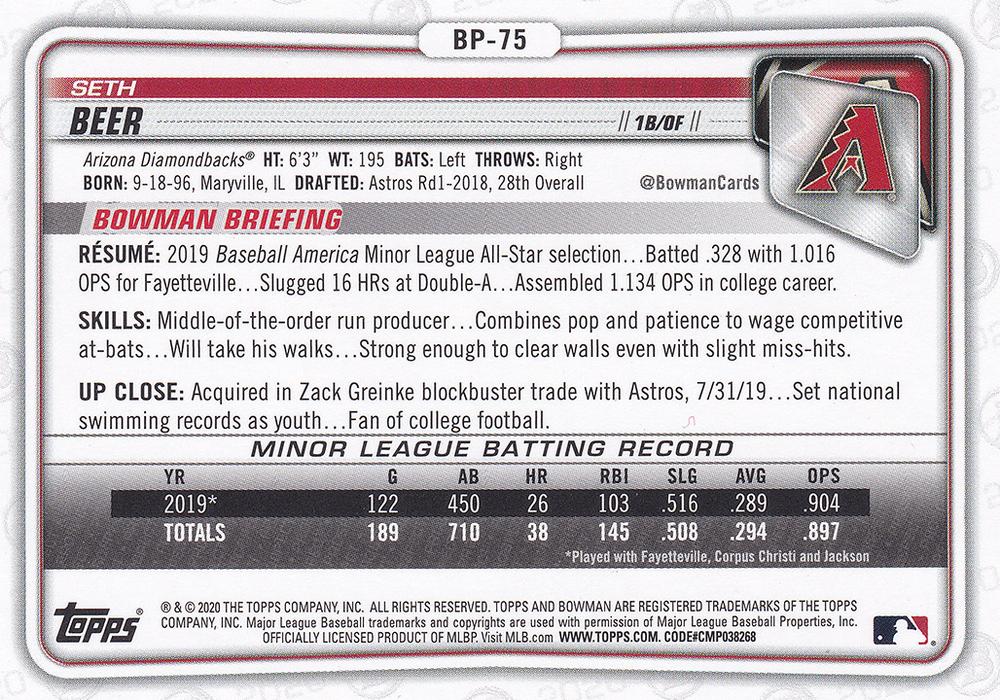 2020 Bowman Prospects Seth Beer BP-75 Arizona Diamondbacks