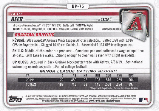 2020 Bowman Prospects Seth Beer BP-75 Arizona Diamondbacks