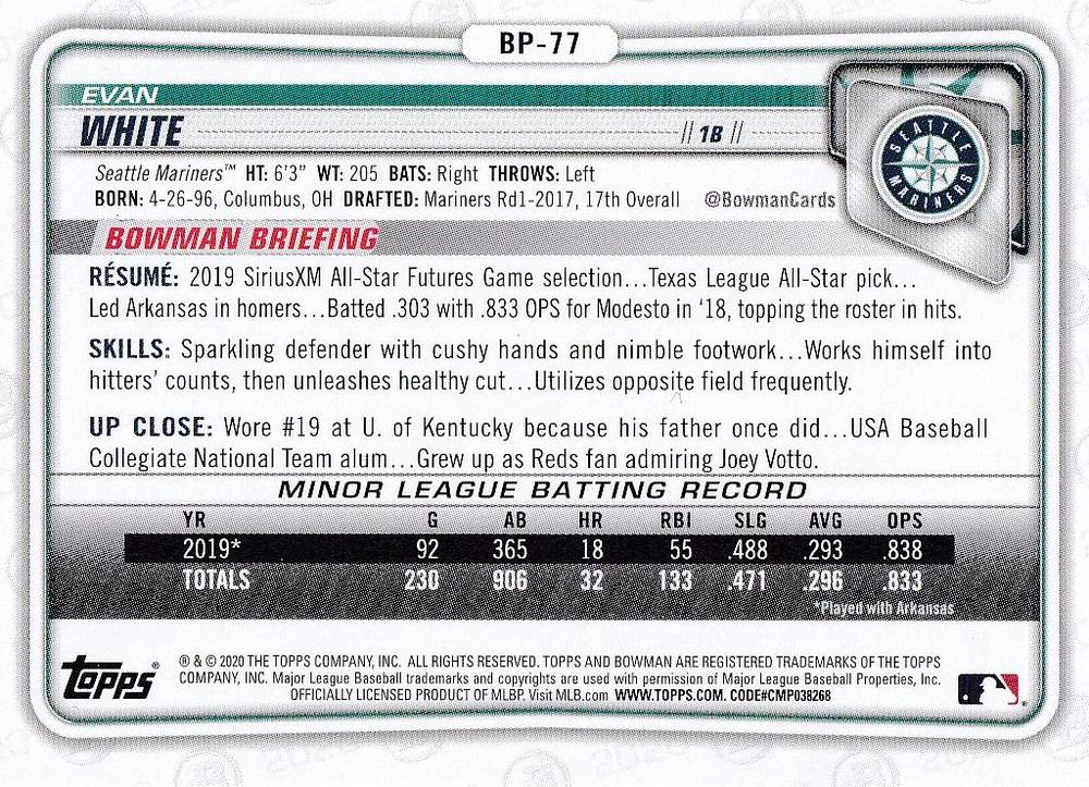 2020 Bowman Prospects Evan White BP-77 Seattle Mariners