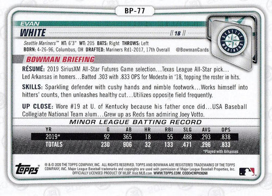 2020 Bowman Prospects Evan White BP-77 Seattle Mariners