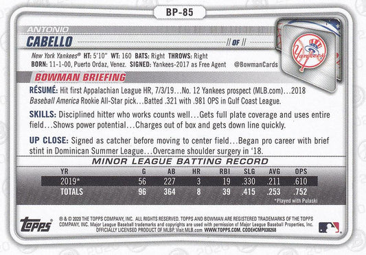 2020 Bowman Prospects Antonio Cabello BP-85 New York Yankees