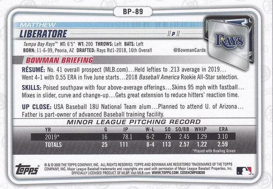 2020 Bowman Prospects Matthew Liberatore BP-89 Tampa Bay Rays