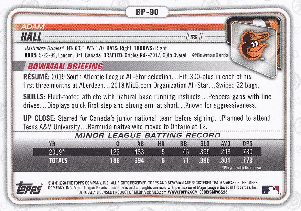 2020 Bowman Prospects Adam Hall BP-90 Baltimore Orioles