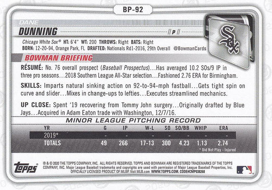 2020 Bowman Prospects Dane Dunning BP-92 Chicago White Sox