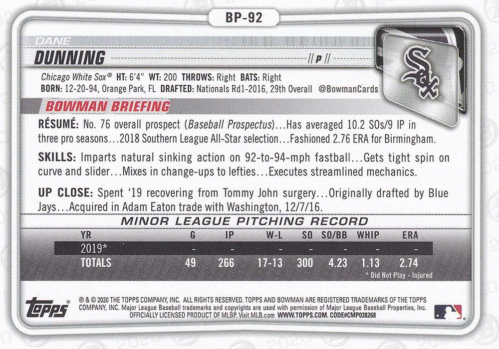 2020 Bowman Prospects Dane Dunning BP-92 Chicago White Sox