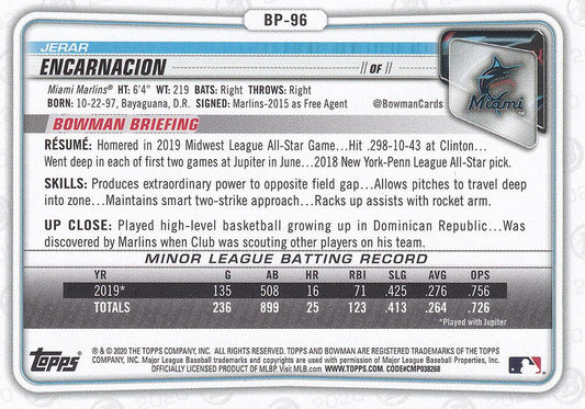 2020 Bowman Prospects Jerar Encarnacion BP-96 Miami Marlins