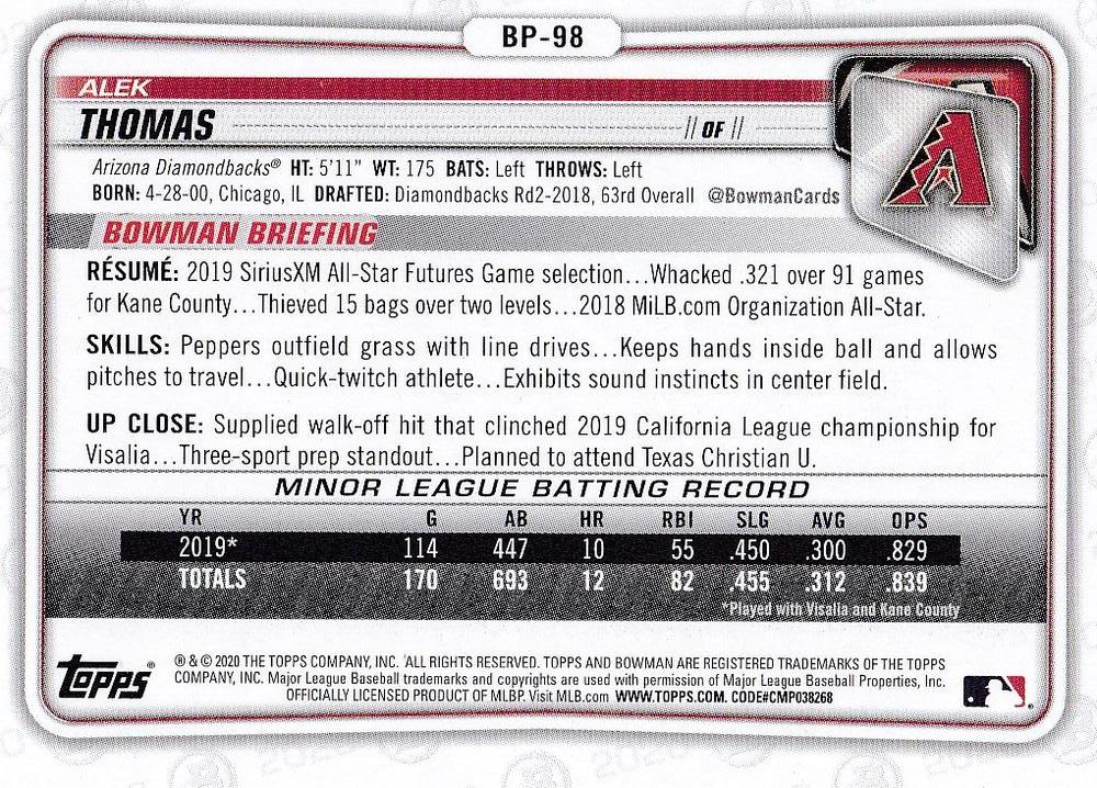 2020 Bowman Prospects Camo Alek Thomas BP-98 Arizona Diamondbacks