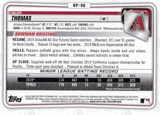 2020 Bowman Prospects Camo Alek Thomas BP-98 Arizona Diamondbacks
