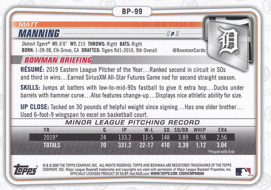 2020 Bowman Prospects Matt Manning BP-99 Detroit Tigers