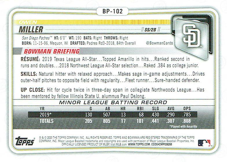 2020 Bowman Prospects Owen Miller BP-102 San Diego Padres