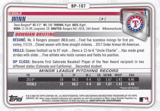 2020 Bowman Prospects Cole Winn BP-107 Texas Rangers