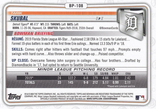 2020 Bowman Prospects Tarik Skubal BP-108 Detroit Tigers