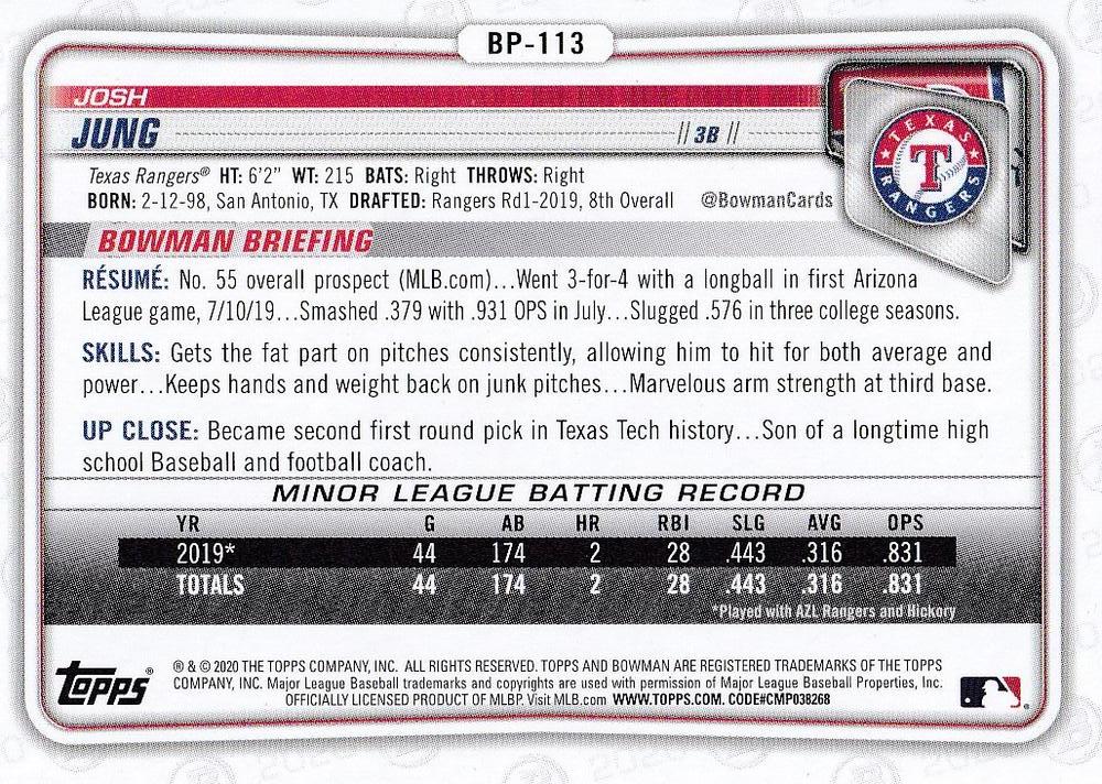 2020 Bowman Prospects Josh Jung BP-113 Texas Rangers