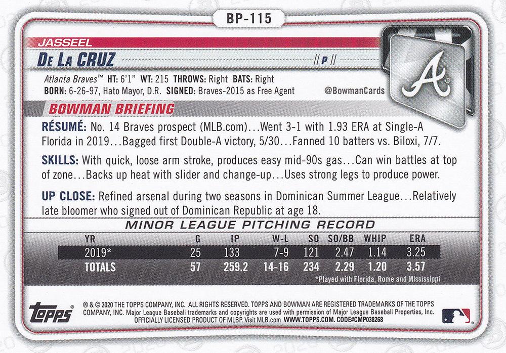 2020 Bowman Prospects Jasseel De La Cruz BP-115 Atlanta Braves
