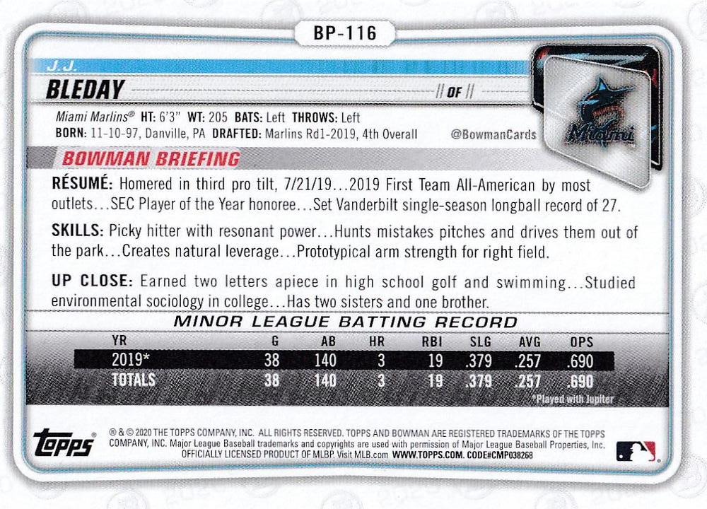 2020 Bowman Prospects J.J. Bleday BP-116 Miami Marlins