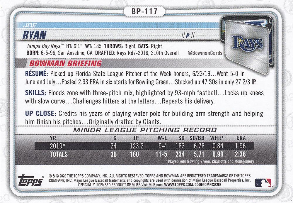 2020 Bowman Prospects Joe Ryan BP-117 Tampa Bay Rays