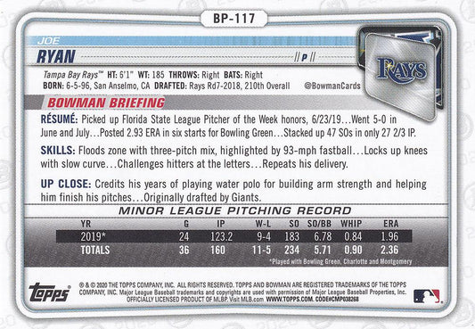2020 Bowman Prospects Joe Ryan BP-117 Tampa Bay Rays