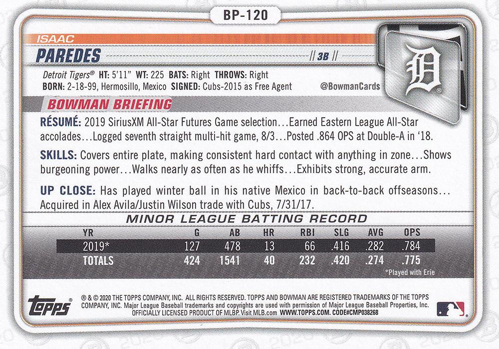 2020 Bowman Prospects Isaac Paredes BP-120 Detroit Tigers