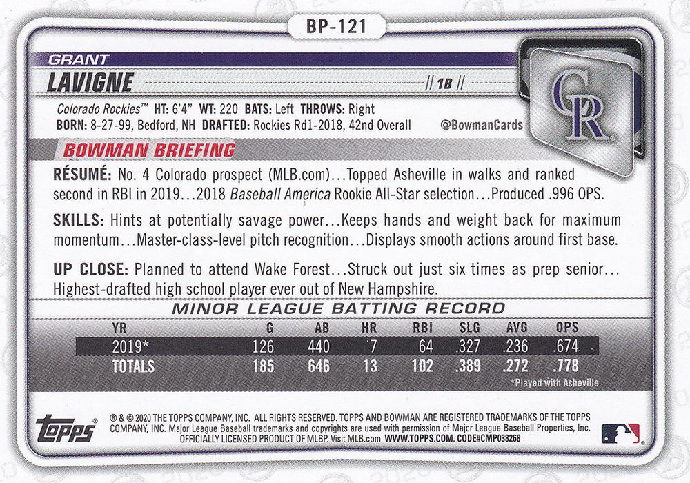 2020 Bowman Prospects Grant Lavigne BP-121 Colorado Rockies