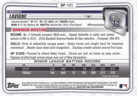 2020 Bowman Prospects Grant Lavigne BP-121 Colorado Rockies