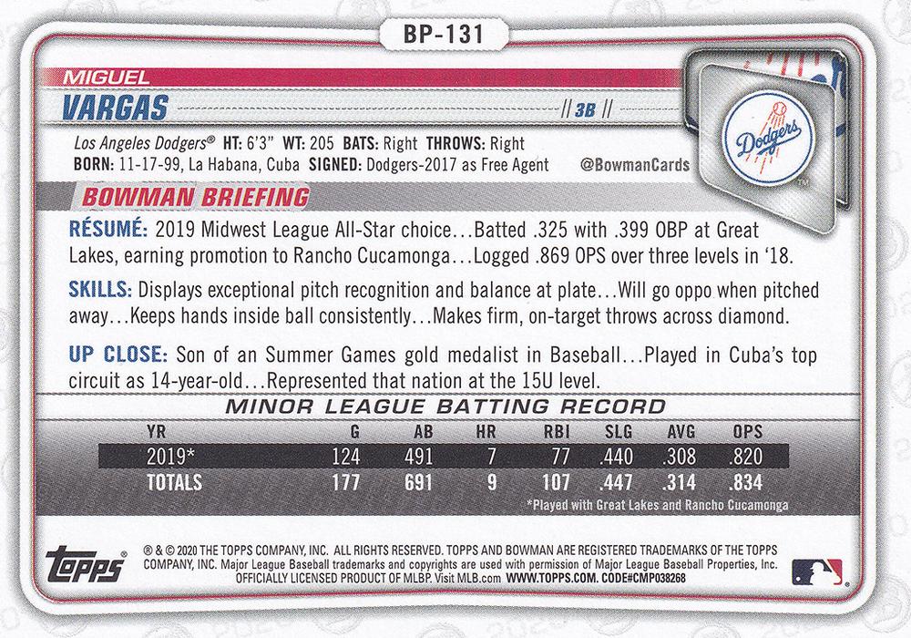 2020 Bowman Prospects Miguel Vargas BP-131 Los Angeles Dodgers