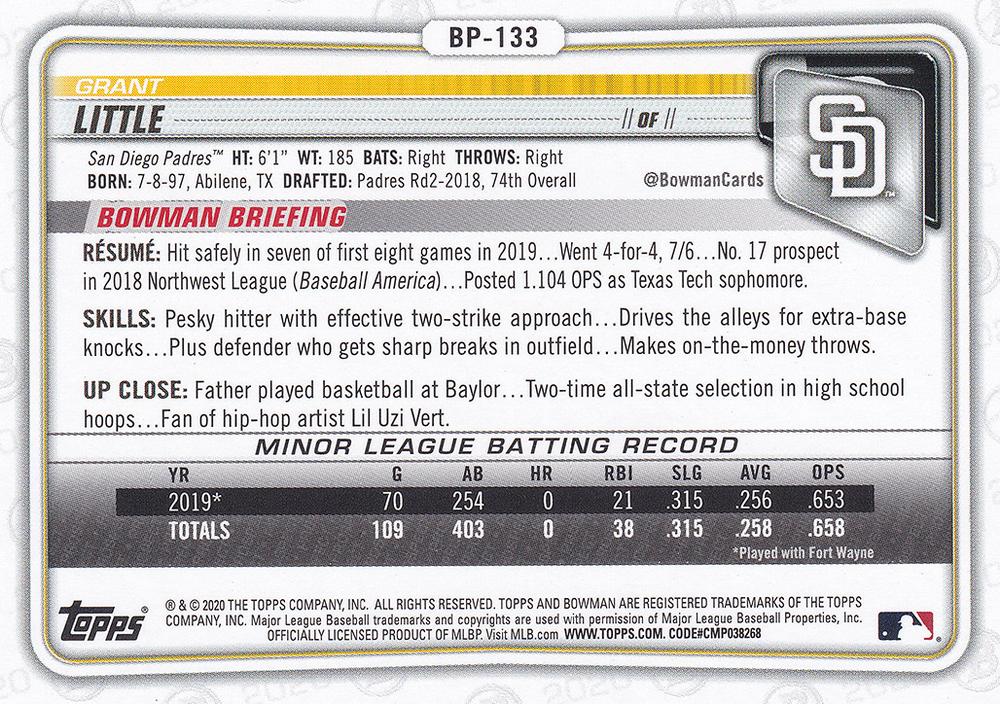 2020 Bowman Prospects Grant Little BP-133 San Diego Padres