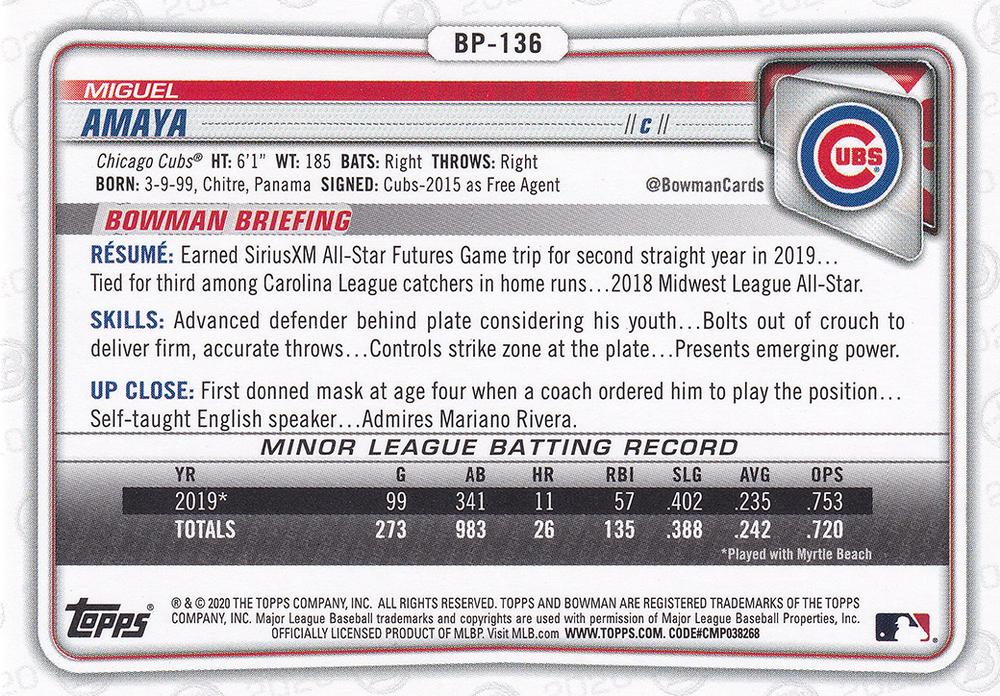 2020 Bowman Prospects Miguel Amaya BP-136 Chicago Cubs