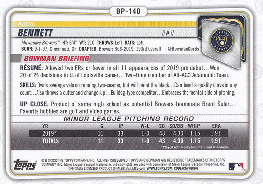 2020 Bowman Prospects Nick Bennett BP-140 Milwaukee Brewers