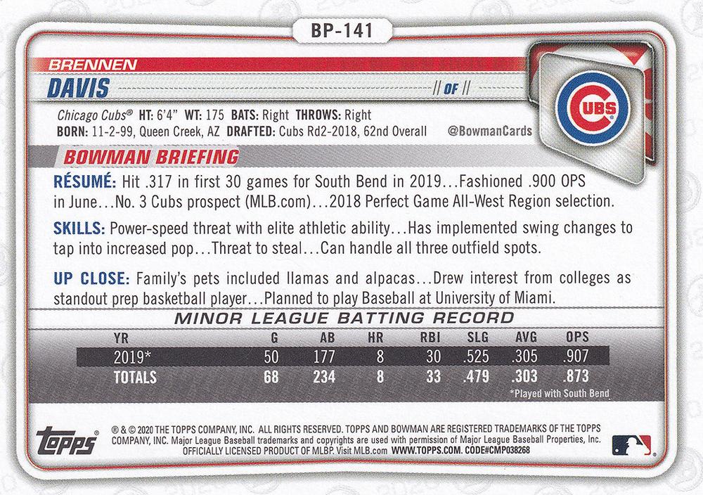 2020 Bowman Bowman Prospects Camo Brennen Davis BP-141 Chicago Cubs