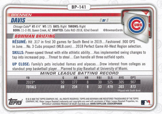 2020 Bowman Bowman Prospects Camo Brennen Davis BP-141 Chicago Cubs
