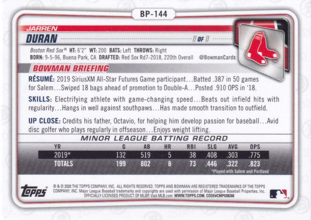 2020 Bowman Prospects Jarren Duran BP-144 Boston Red Sox