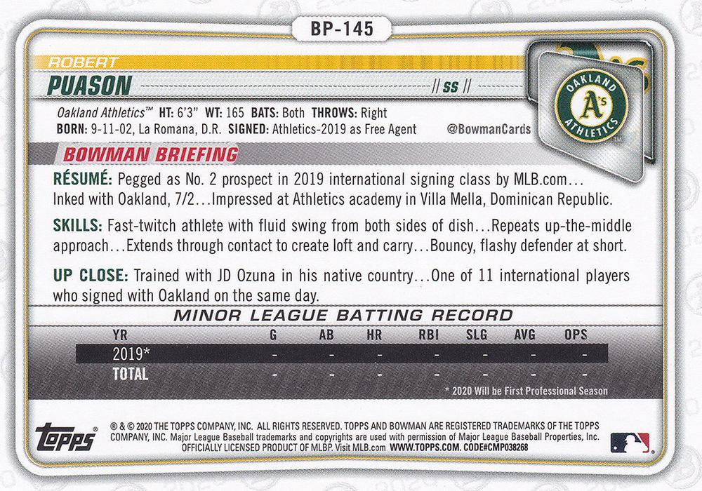 2020 Bowman Prospects Robert Puason BP-145 Oakland Athletics