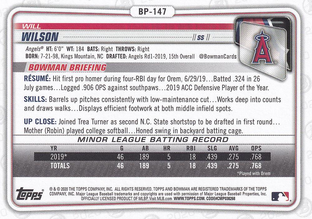 2020 Bowman Prospects Will Wilson BP-147 Angels