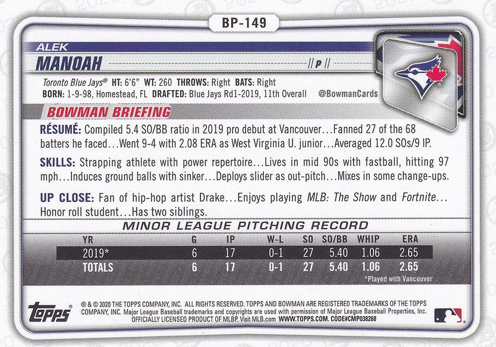 2020 Bowman Prospects Alek Manoah BP-149 Toronto Blue Jays