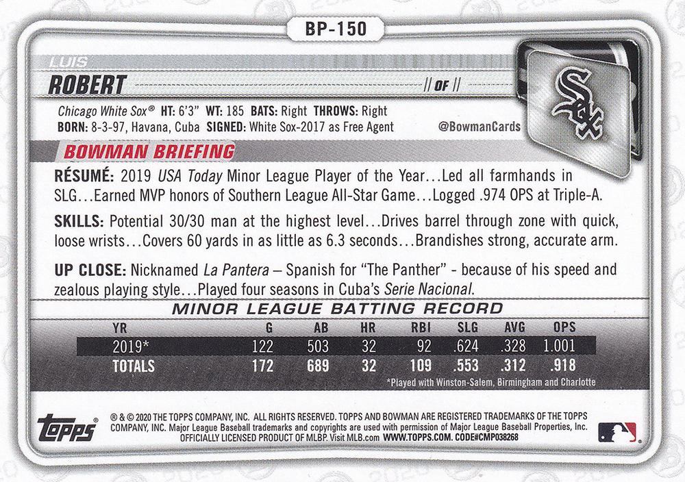 2020 Bowman Prospects Luis Robert BP-150 Chicago White Sox