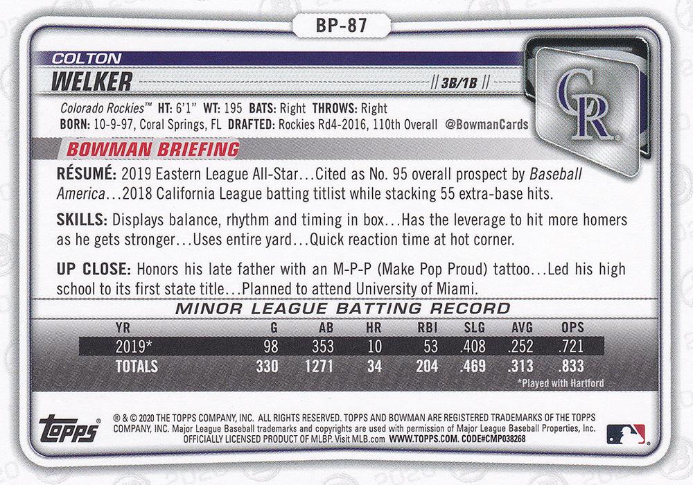 2020 Bowman 1st Prospects Camo Colton Welker BP-87 Colorado Rockies