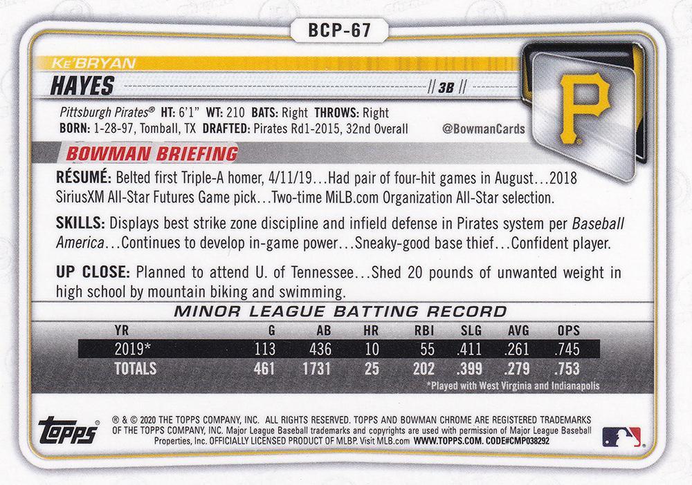 2020 Bowman Chrome Prospects Ke'Bryan Hayes BCP-67 Pittsburgh Pirates