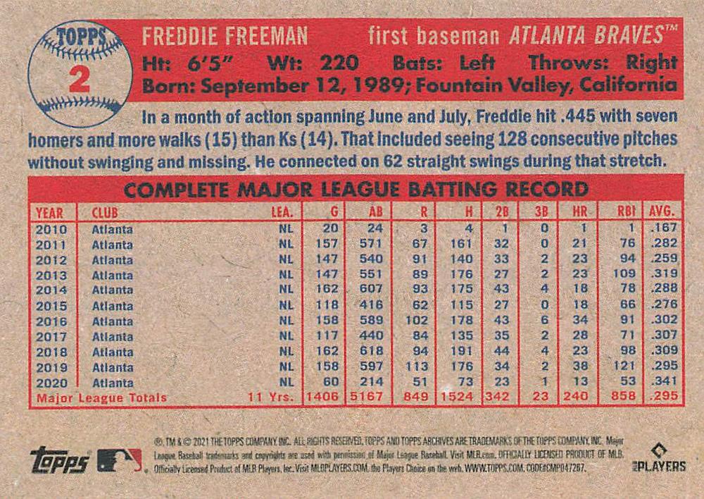 2021 Topps Archives Freddie Freeman #2 Atlanta Braves