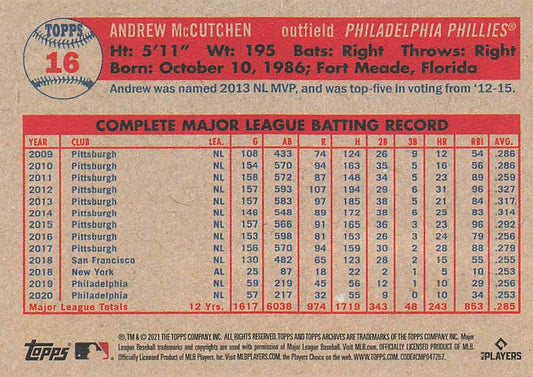 2021 Topps Archives Andrew McCutchen #16 Philadelphia Phillies
