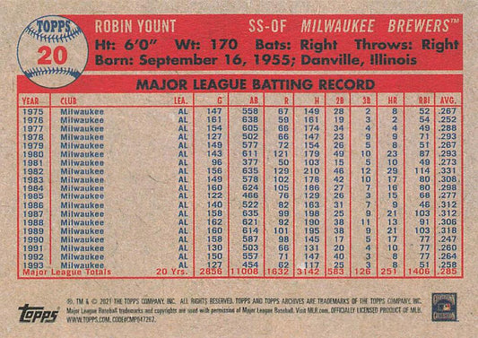 2021 Topps Archives Robin Yount #20 Milwaukee Brewers