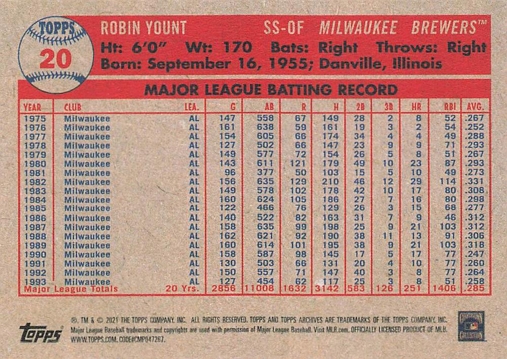 2021 Topps Archives Robin Yount #20 Milwaukee Brewers