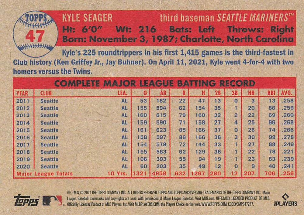 2021 Topps Archives Kyle Seager #47 Seattle Mariners