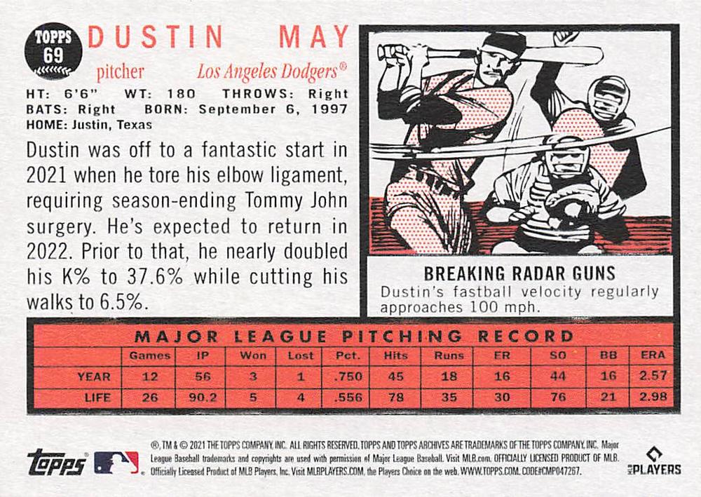 2021 Topps Archives Dustin May #69 Los Angeles Dodgers