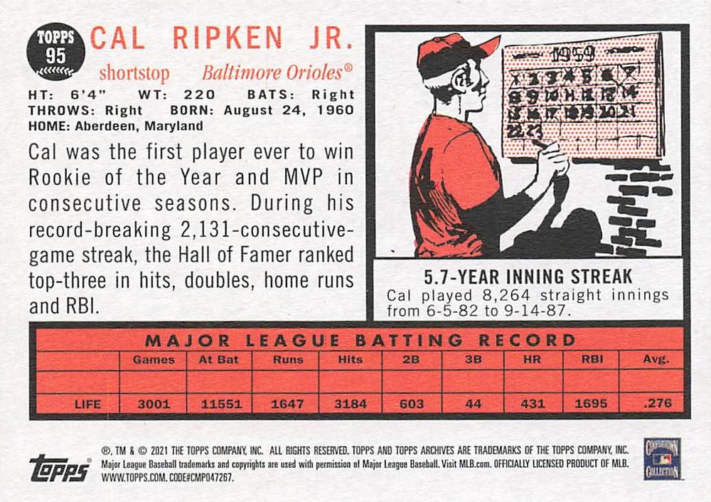 2021 Topps Archives Cal Ripken Jr. #95 Baltimore Orioles