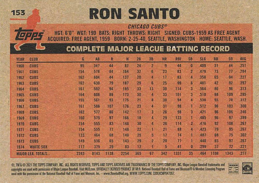 2021 Topps Archives Ron Santo #153 Chicago Cubs